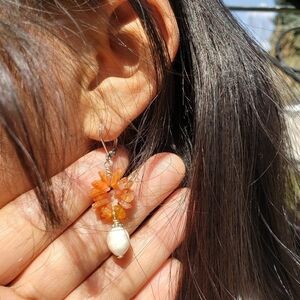 ❤ New Handmade wire wrapped amber and Real pearl earrings.